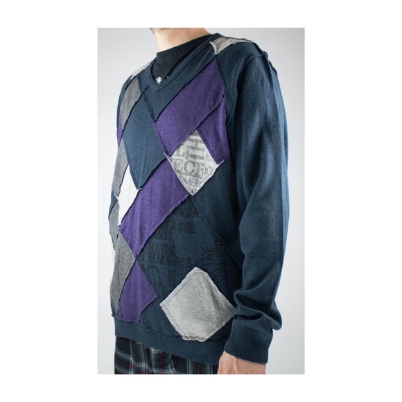 Vintage Y2K Oversized Argyle Patchwork V Neck - Picture 2 of 4